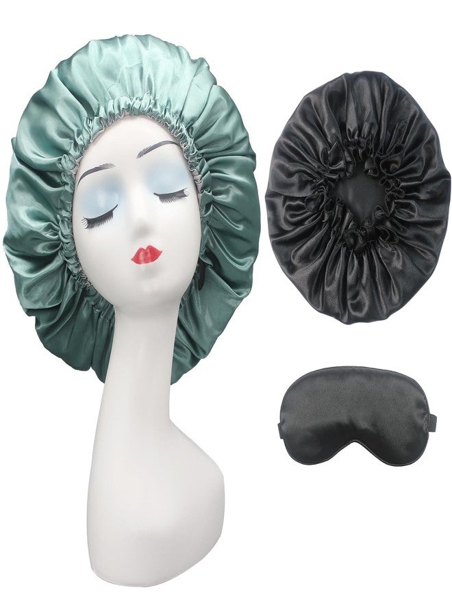 Hanbertti Satin Sleep Cap, Adjustable Satin Cap, Eye Mask, Opening for Short and Long Hair - Reusable Bath Hair Cap for Ladies, Men and Kids, Dusty Green - Image 1
